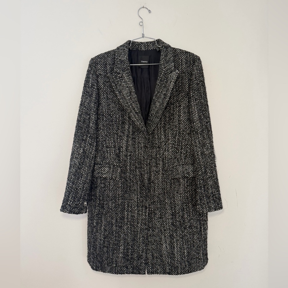 THEORY Black and White Tweed wool peak lapel long coat M 8